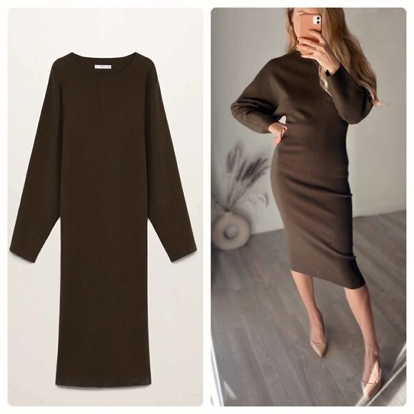 Mango Fine Knit Midi Sweater Dress Khaki New Long Sleeve - Picture 1 of 4